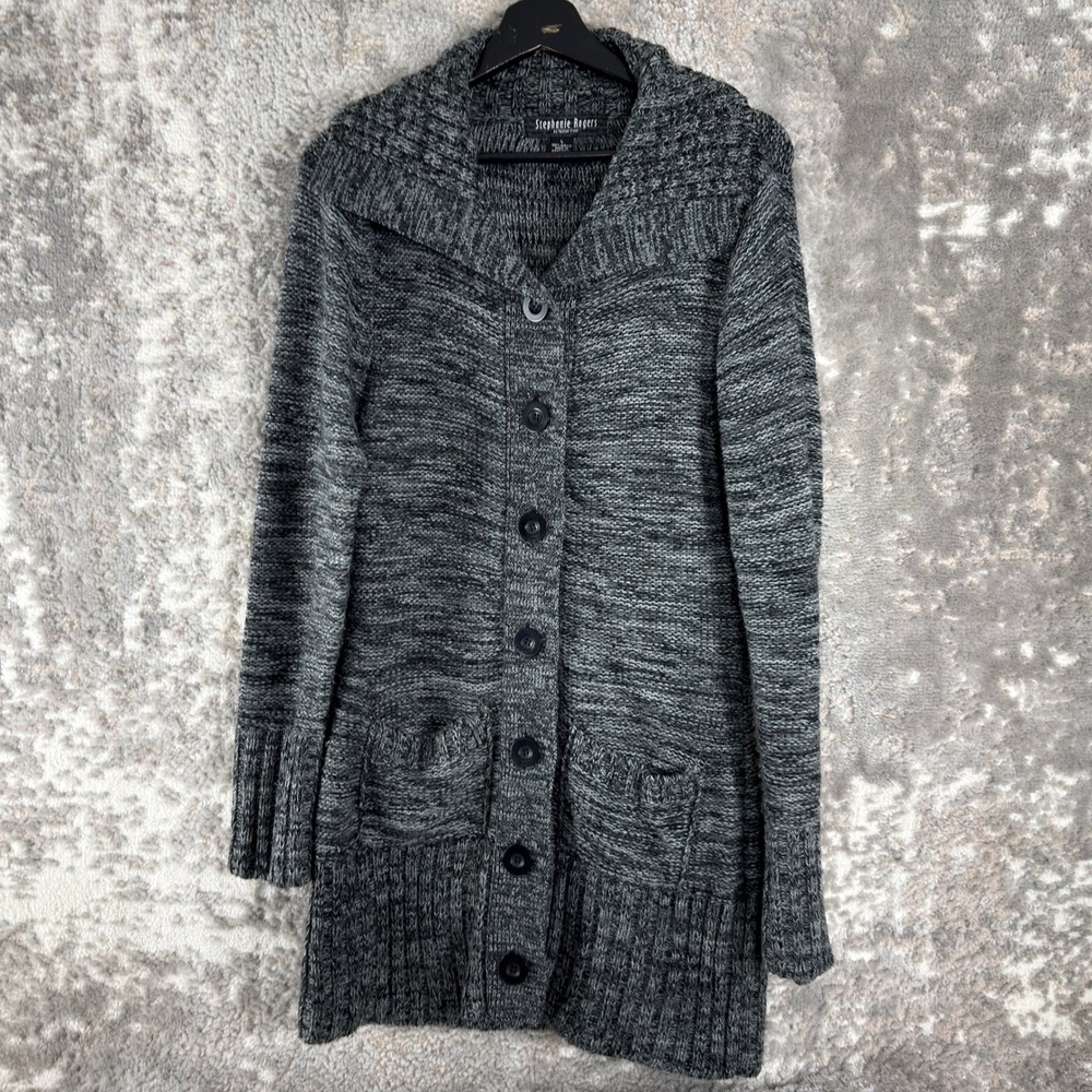 Stephanie Rogers Sz L Marled Knit Button Front Cardigan Sweater Black Long Women